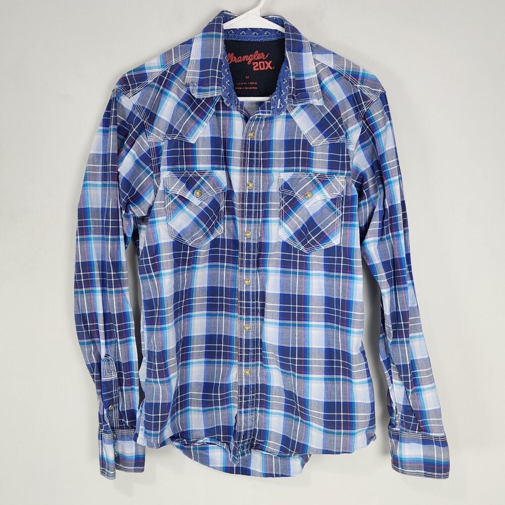 Wrangler 20X Long Sleeve Pearl Snap Button Shirt M Blue Stripe Plaid